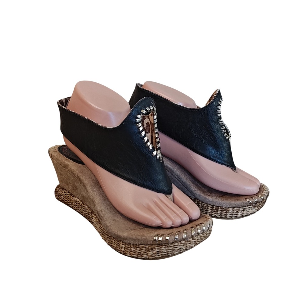 Modzori Wedge Thong Sandals Black Faux Leather‎ Espadrille Trim Women Size 8